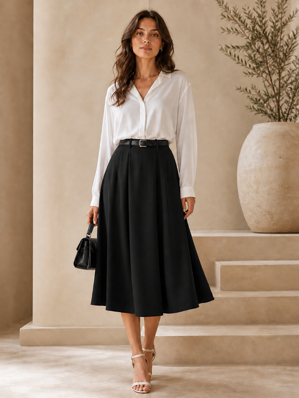 Business-casual Flared A-line Pleated Skirt With Pockets